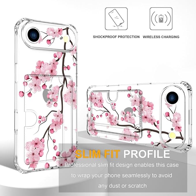 Compatible with iPhone 17 Air Case Card Holder for Women Cute Design,Wallet Phone Cases Transparent Cool Kawaii Protective (Clear Sakura Peach Cherry)