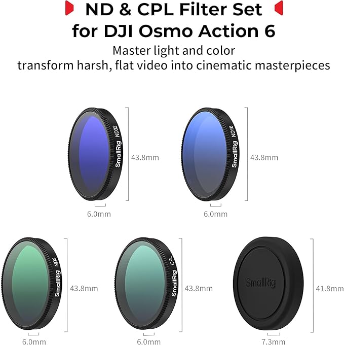 SmallRig ND Filter Kit for DJI Osmo Action 6, 5 Pack CPL ND8 ND16 ND32 Snap-On Polarizing Neutral Density Filters & Lens Silicone Cover, HD Optical Glass/Multi-Coated Filters-5895