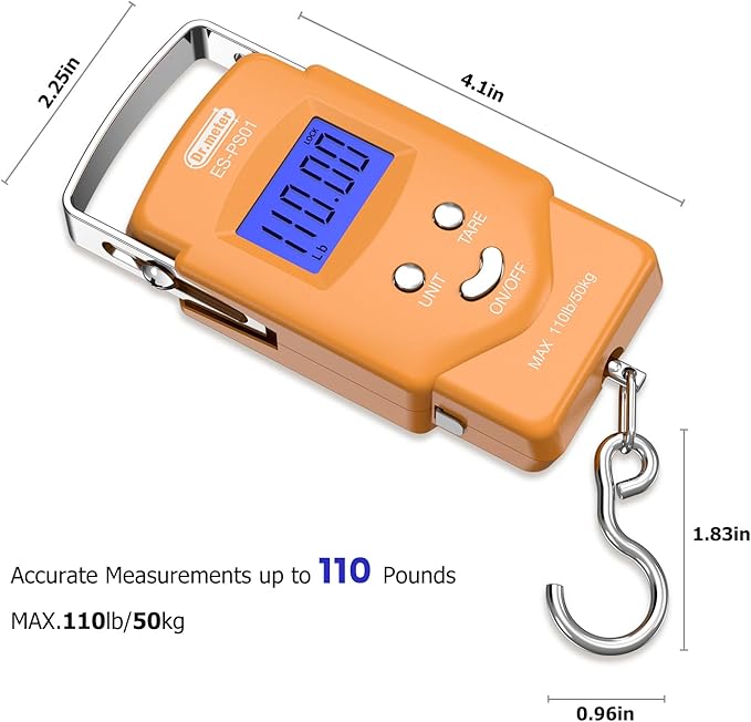 Dr.meter Fish Scale Luggage Scale Fishing Gear - 110lb Backlit LCD Display Digital Scale with Built-in Measuring Tape - Fishing Scale with 2 AAA Batteries, Pocket Size - Fishing Gifts for Men