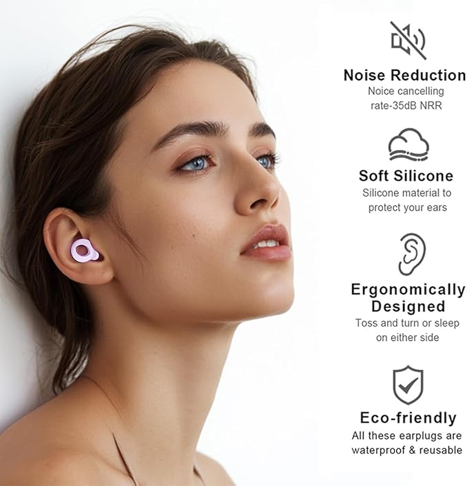 Ear Plugs for Sleeping, 2 Pairs Ear Plugs for Sleeping Noise Cancelling, 35dB Reusable Silicone Earplugs for Noise Reduction, Sleep, Work, Hearing Protection, Concert and Snoring, Purple