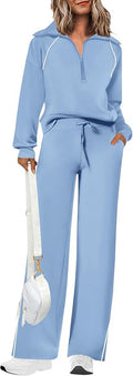 PRETTYGARDEN Women's 2 Piece Outfits Casual Lapel Half Zip Sweatshirts and Wide Leg Pants Tracksuit Sets