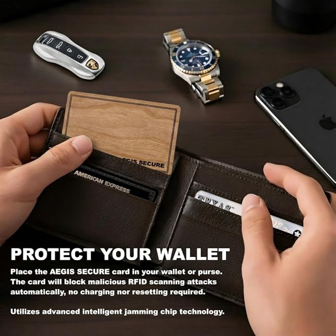 RFID Blocking Card – Active NFC Contactless Credit & Debit Card Protector, Anti-Theft RFID Blocker for Entire Wallet, ID & Passport Protection, Premium Slim Card Fits Wallet & Purse (Wood)