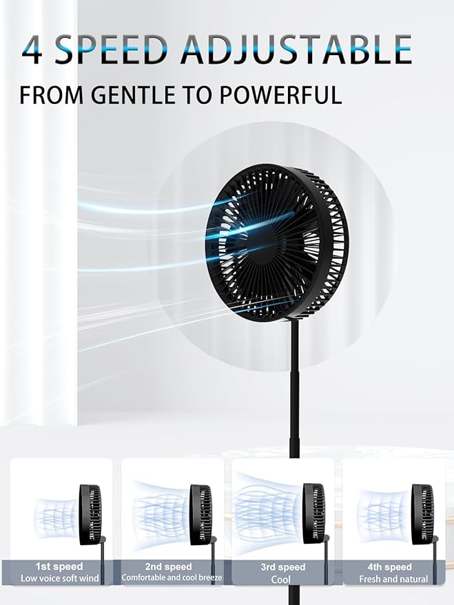 UN UNITEDTIME Foldable Fan Foldaway with Remote Control, 7200mAh Rechargeable Battery Powered Pedestal Fan for Camping, 4 Speed, Timer, Portable Table for Travel, Outdoor, Home (Black)