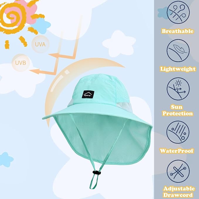 Outdoor Kids Sun Hat with Neck Flap UPF 50+ Quick Dry Beach Hats for Baby Boys Girls Age 2-12 Years Adjustable