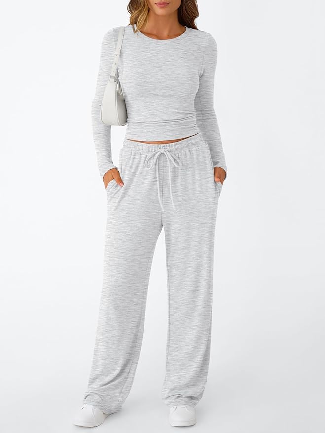 Trendy Queen Women's 2 Piece Matching Lounge Set Long Sleeve Side Ruching Top Wide Leg Drawstring Pants Set with Pockets