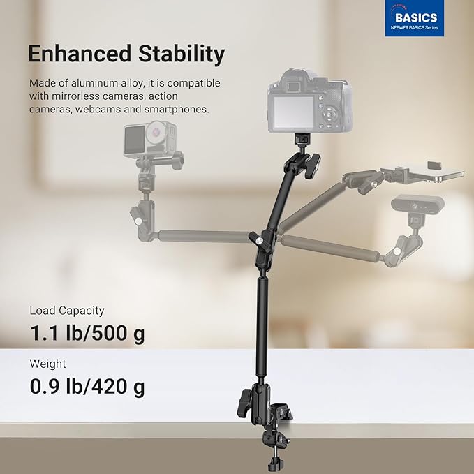 NEEWER Basics Magic Arm Table Stand, 55 cm Microphone Arm Overhead Mobile Phone Holder Desk with 1/4" 3/8" Threads for ARRI, for DSLR Action Cam Webcam Mic LED Light for Video Reinforcement, UA061