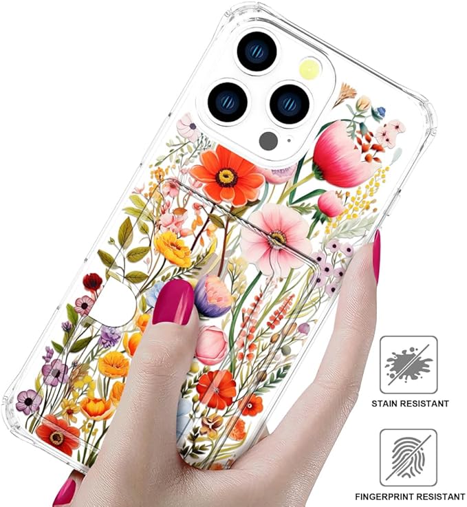 Compatible with iPhone 16 Pro Case Card Holder for Women Cute Design,Wallet Phone Cases Transparent Cool Kawaii Protective (Clear Flowers Lily Girly Florals)