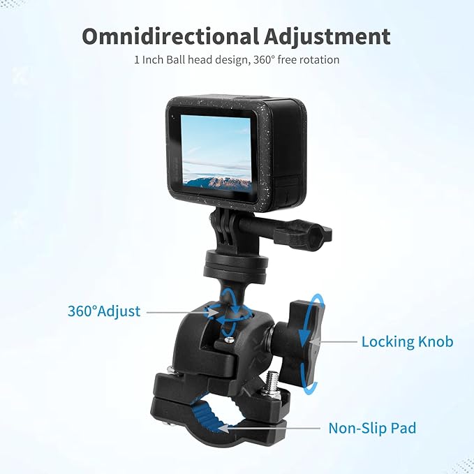 Bike Motorcycle Camera Mount Bundle Kit, 1/4 Screw & Tripod Mount Adapter, 360°Rotating Ball Head Base -Ballhead Arm Super Mounting Clamp for Most Action Camera, Clamp(0.86"-1.26“) 75016