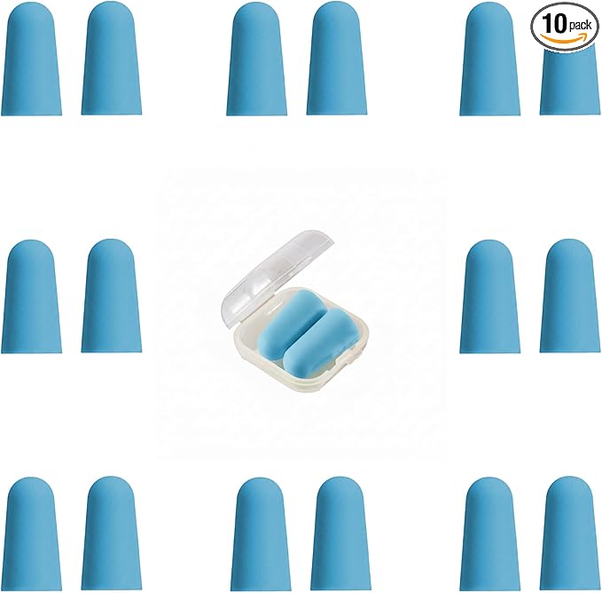 10 Pairs Blue Reusable Ear Plugs, 32dB NRR Noise Reduction, Washable Slow-Rebound Foam Earplugs for Sleeping, Snoring, Work, Concerts, Travel