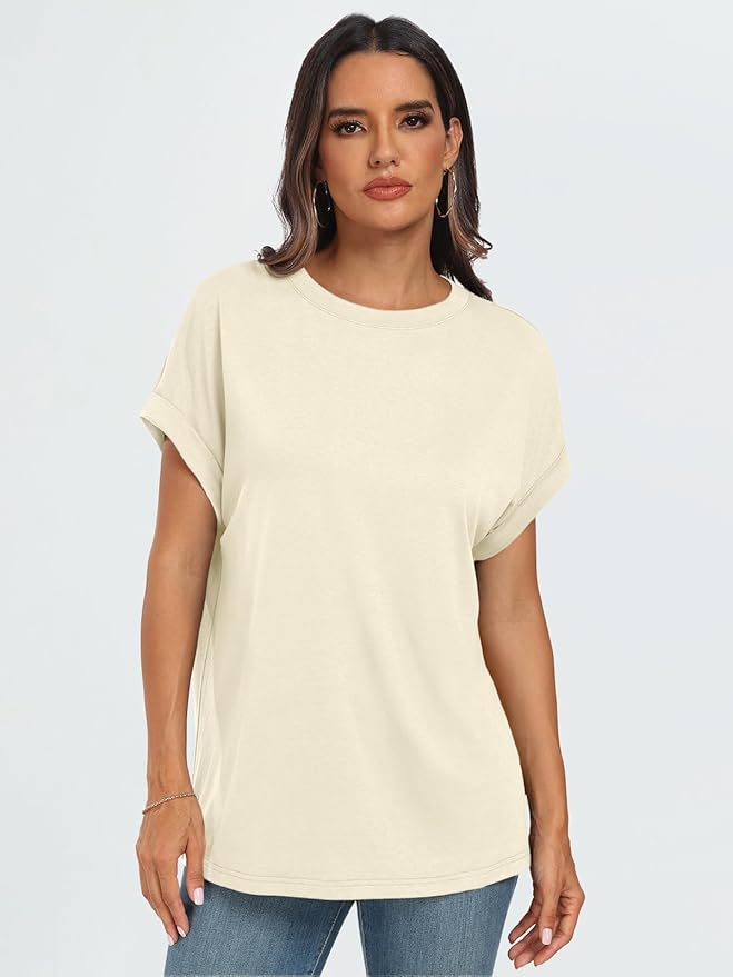 AUTOMET Women's Oversized Short Sleeve T Shirts Casual Drop Shoulder Rolled Cuff Summer Tops for Work, Travel and Lounge