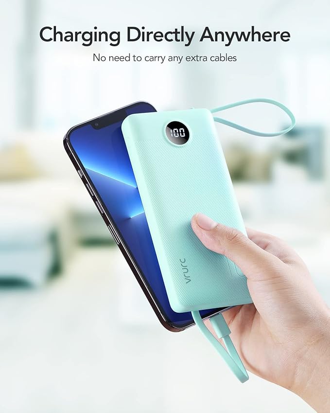 VRURC Portable Charger for iPhone, Compact Travel Power Bank 10000mAh, USB C Battery Pack 4 Outputs 3 Inputs, Slim Phone Charger with Cables for iPhone 17 16 15 14 13,Samsung Galaxy-Green(1 Pack)