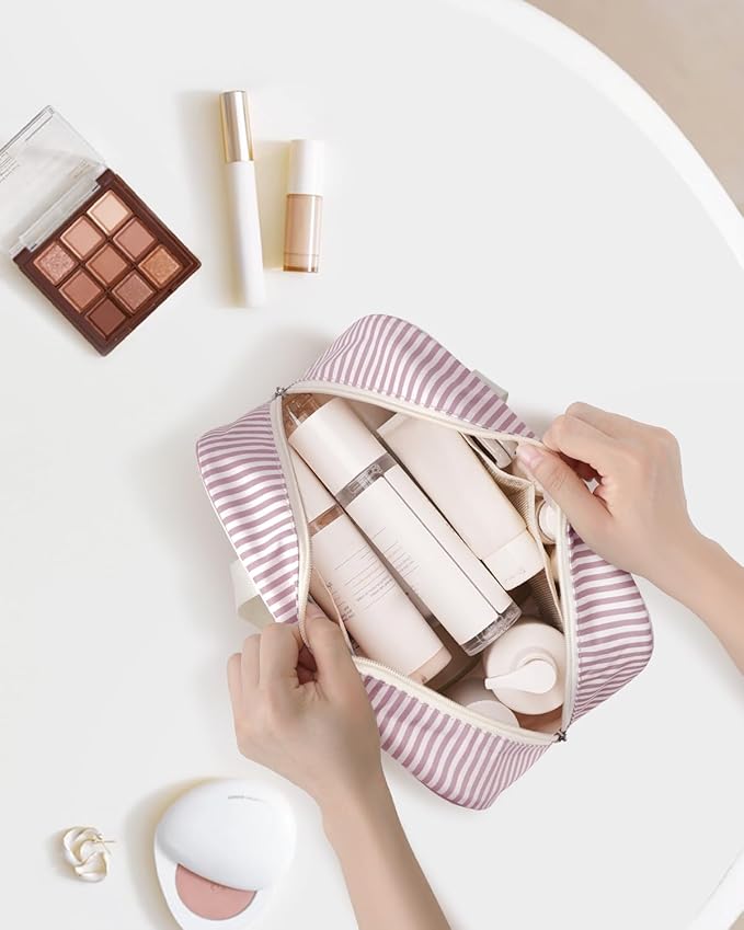Full Size Toiletry Bag Women Large Cosmetic Bag Travel Makeup Bag Organizer Medicine Bag for Toiletries Essentials Accessories (Dusty Rose Stripe, Large)