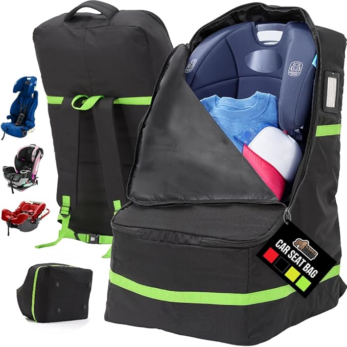 GORILLA GRIP Tear and Water Resistant Padded Car Seat Travel Bag for Airplane and Airport, Universal Fit Baby Carseat Bags, Holds Up to 50lbs, Handle & Shoulder Straps, Air Gate Check Carrier, Green
