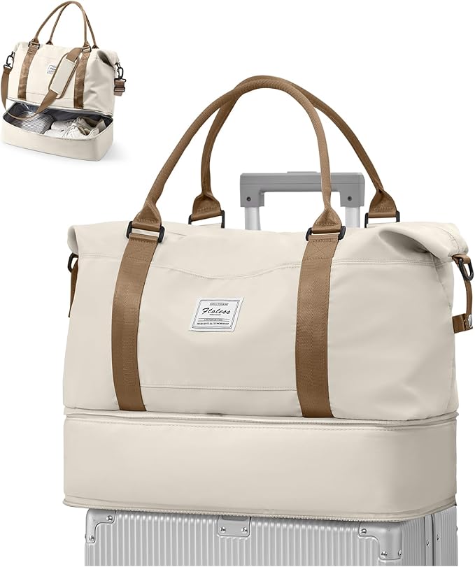 Travel Duffel Bag, 18x14x8 Inches Travel Bag Spirit with Shoes Compartment, Weekender Overnight Bag for Women with Trolley Sleeve, Carry On Bag for Airplanes Sport Tote Gym Bag(Beigebrown).