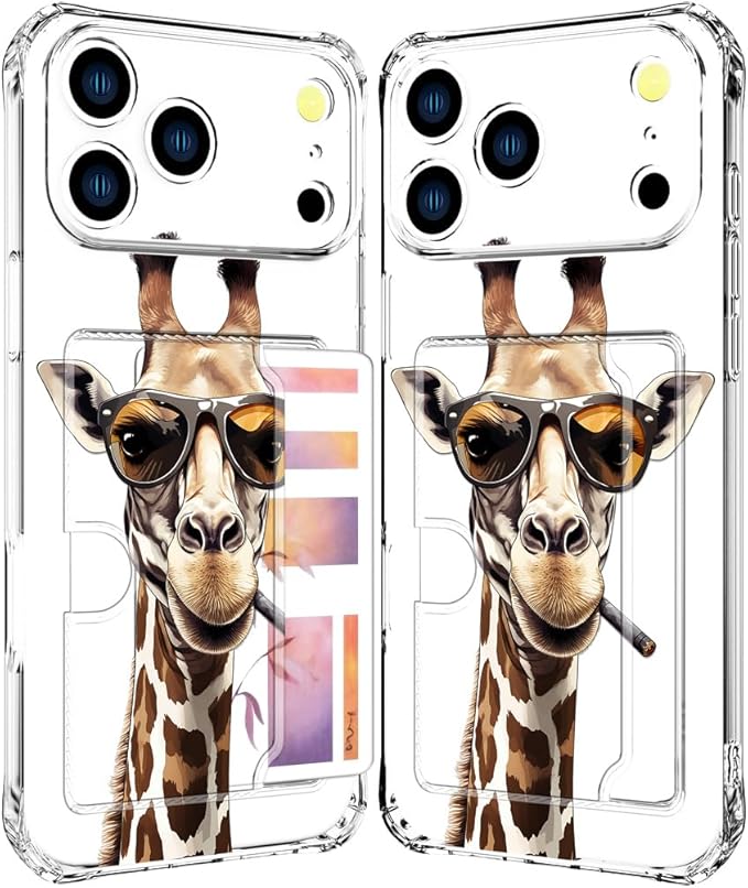 Compatible with iPhone 17 Pro Max Case Card Holder for Women Cute Design,Wallet Phone Cases Transparent Cool Kawaii Protective (Clear Giraffe Smoking Animal)