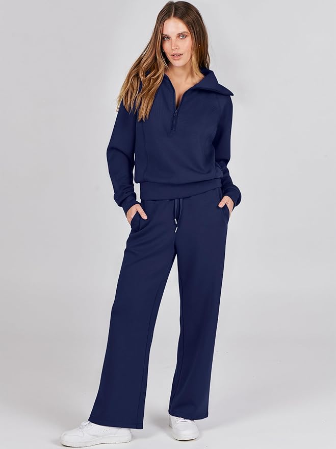 ANRABESS Women 2 Piece Outfits 2025 Fall Fashion Airport Wide Leg Pants Lounge Set Leisure Travel Vacation Clothes Sweatsuits