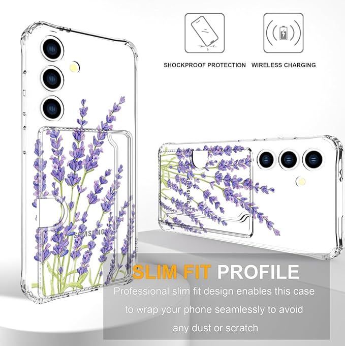 Compatible with Samsung Galaxy S24 / S25 Case Card Holder for Women Cute Design,Wallet Phone Cases Transparent Cool Kawaii Protective (Clear Purple Lavender)