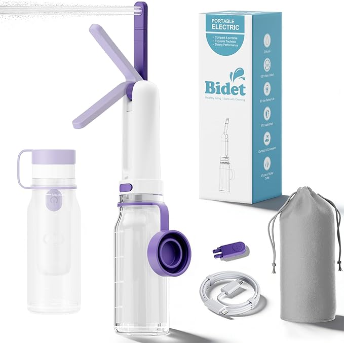Portable Bidet for Travel with 260ML Bottle, Rechargeable Electric Bidet Bottle for Women Men Baby Cleaning, Waterproof High Pressure Sprayer for Personal Hygiene (White & Purple)