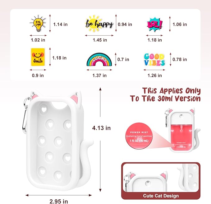 Cat Silicone Case for Touchland Hand Sanitizer Spray with Keychain, Compatible with Power Mist & Glow Mist 1 FL Oz/30ML for Touchland Case, with Charms Accessory Cute Travel Cover Sleeve White