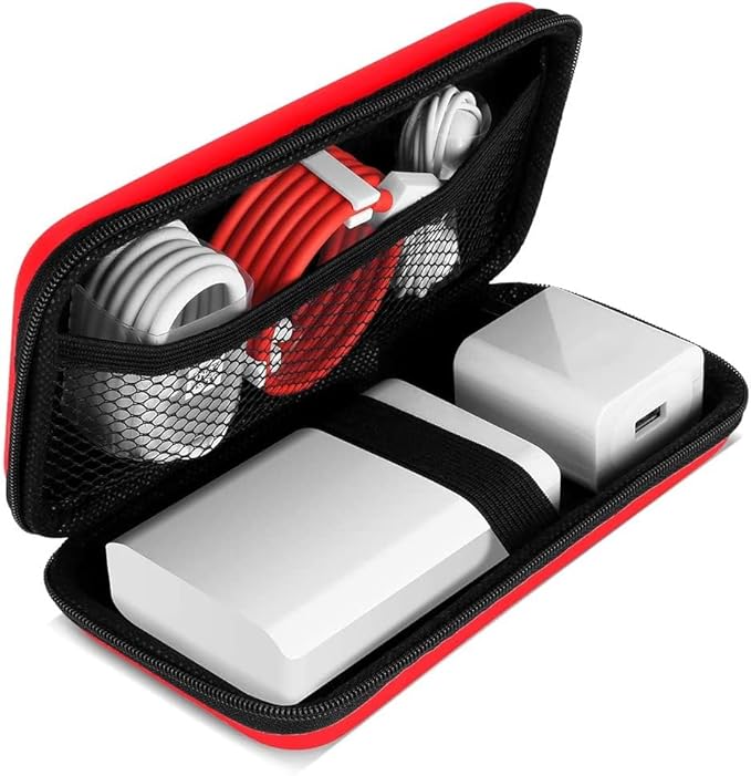 iMangoo Travel Essential Electronics Organizer Pouch Charger Case, Shockproof Dual Zipper Power Bank Cables Tech Accessories Purse, Men & Women Travel Must Have Storage Bag, 6.5x3.2x1 inch Red
