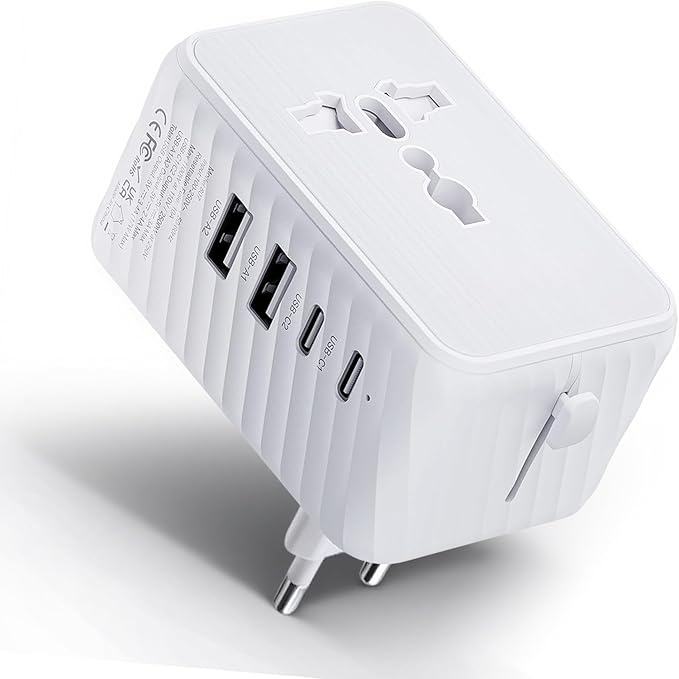 Universal Travel Adapter - Worldwide Power Plug Converter for US, UK, EU, AU with Type-C & USB-A Ports - European Travel Plug Adapter, International Power Adapter (White)
