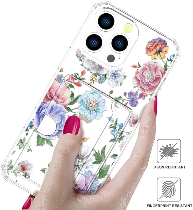 Compatible with iPhone 16 Pro Case Card Holder for Women Cute Design,Wallet Phone Cases Transparent Cool Kawaii Protective (Clear Amazing Lovely Flowers)