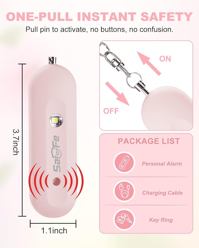 Personal Safety Alarm for Women - Waterproof Rechargeable Security Alarm - 140dB Extra Loud Siren with SOS Strobe Light - Self Defense Keychain for Women Girls Teens Seniors(Pink)