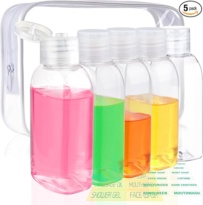 Cosywell Travel Shampoo Bottles 5pcs 3.4oz TSA Approved Travel Bottles for Toiletries Leak Proof Refillable Lotion Containers with Flip Cap Small Plastic Squeeze Bottle(Clear)