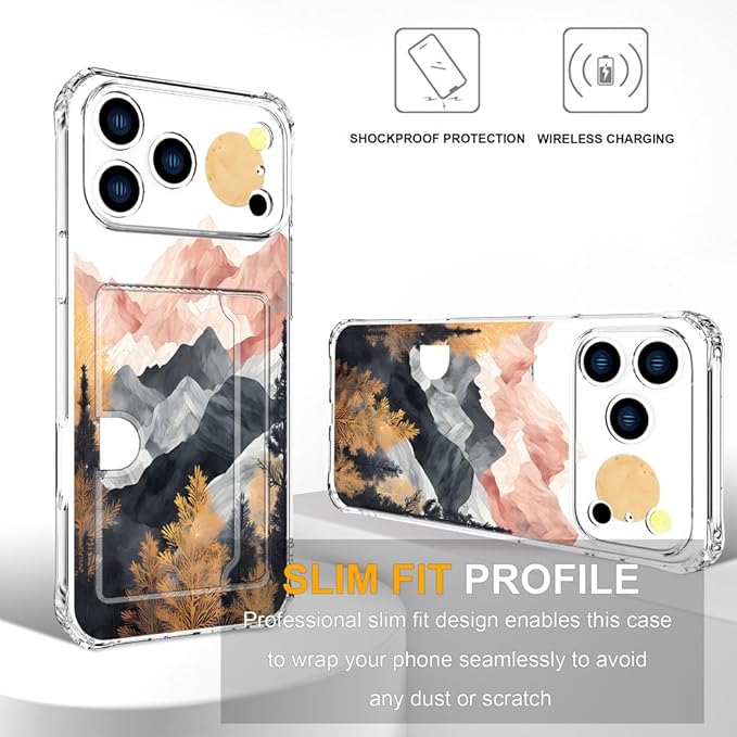 Compatible with iPhone 17 Pro Case Card Holder for Women Cute Design,Wallet Phone Cases Transparent Cool Kawaii Protective (Clear Mountain Hill Landscape)