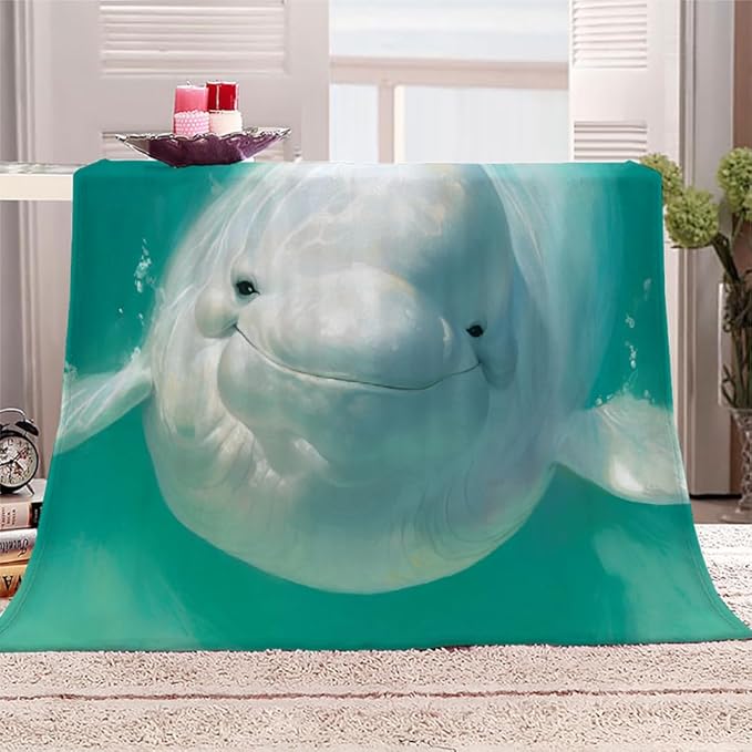 Beluga Whale Throw Blanket, Fleece Blanket for Couch Bed Sofa, White Whale Blankets and Throws, Sea Animal Super Soft Cozy Plush Flannel Blanket, 50 x 70 in, Nature
