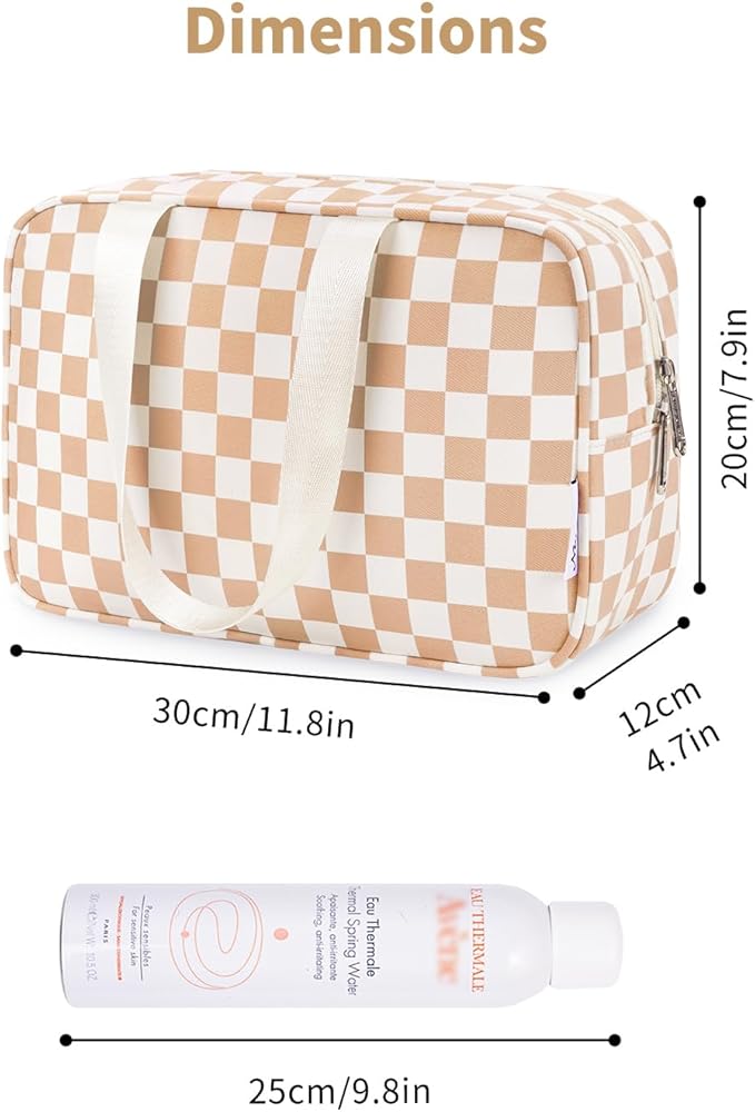 Narwey Large Travel Toiletry Bag Women, Checkered Makeup Bag with Handle, Portable Make up Cosmetic bag Organizer, Travel Bag for Toiletries, Skincare, Medicine, Essentials (Light Checkerboard, Large)