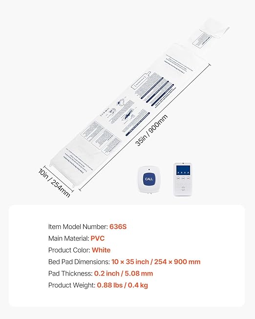 VEVOR Early Alert Bed Alarm System, Wireless Bed Sensor Pad with Call Button & Pager, Pre-Alert Safety Bed Alarms and Fall Prevention for Elderly, Dementia Patients, and Adults (10 x 35-inch)