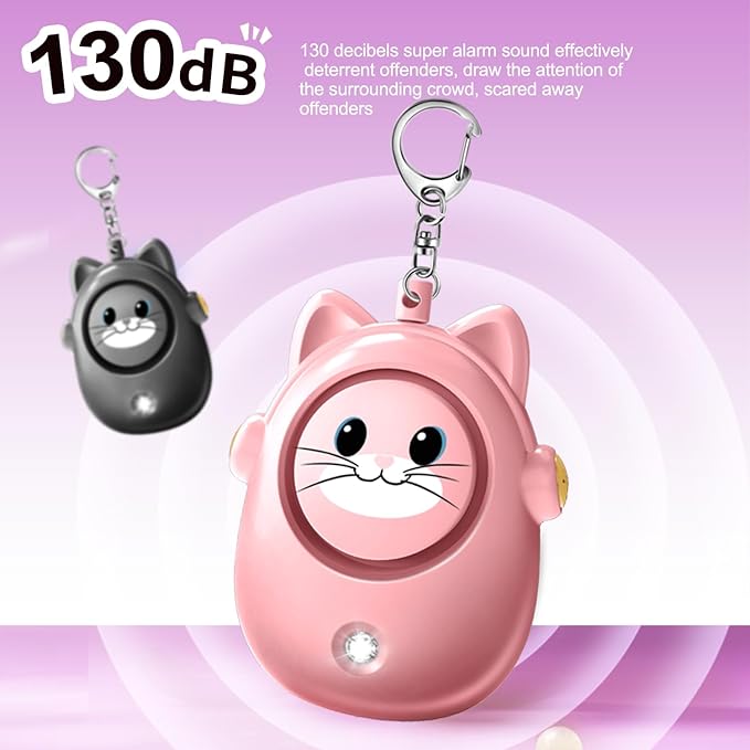 Personal Alarms Keychain, 130dB Loud Safety Siren, LED Light, Cute Cat Design Security Device for Women, Elderly, Children