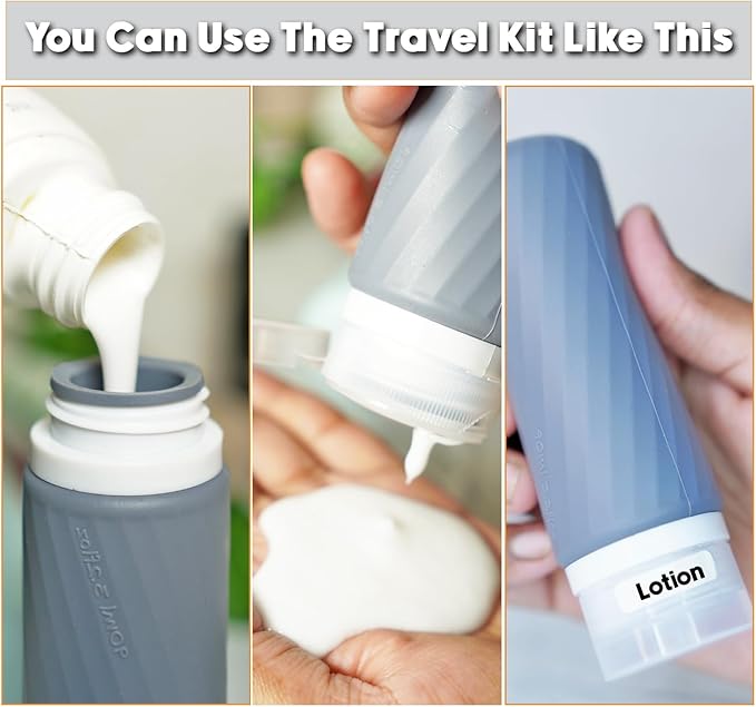 Laxen 5 Pack Travel Bottles for Toiletries with Labels, 3.0oz Silicone Travel Bottles Set with Zipper Toiletry Bag, Leakproof Refillable Squeeze Travel Size Containers for Shampoo Conditioner (Black)