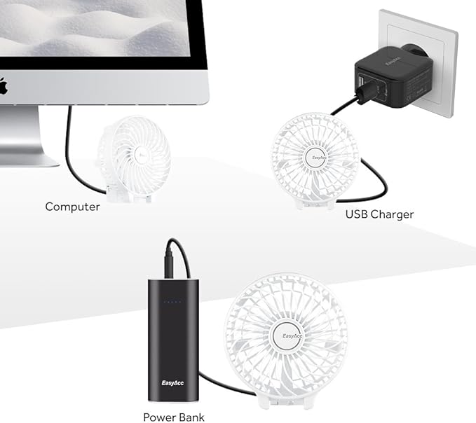 EasyAcc Handheld Fans [2x Crossbody Straps/2xDIY Stickers] for Portable Fan and Phones -Up to 10H Rechargeable Foldable Hand Desktop Fan for Home and Travel - White