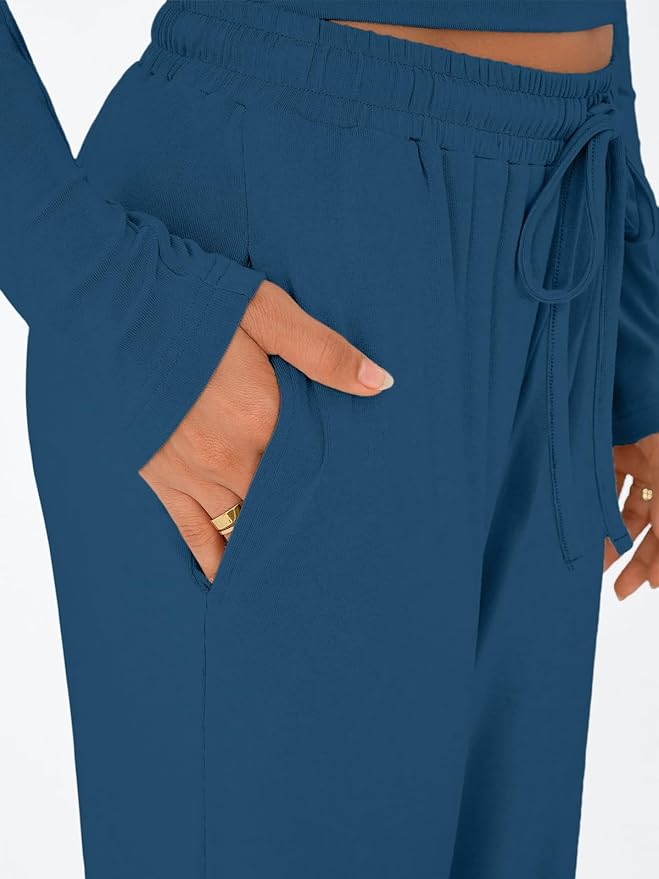 Trendy Queen Women's 2 Piece Matching Lounge Set Long Sleeve Side Ruching Top Wide Leg Drawstring Pants Set with Pockets