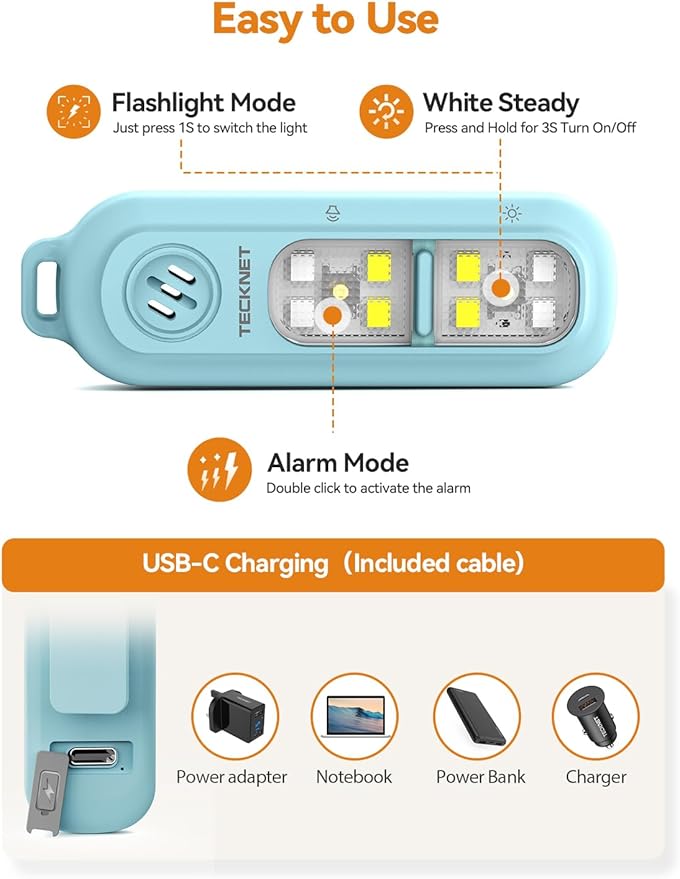 TECKNET Personal Safety Alarm 135dB with SOS Strobe Light for Women - Rechargeable& IPX4 Waterproof Running Lights with Clip On Torch & Low Battery Notice, Safety Siren for Running, Travel Kids, Blue