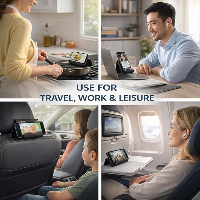 Mizi Airplane Phone & Tablet Holder – Adjustable Flexible Flap Stand for Desk, Bed, Treadmill, Home, and Airplane Travel Essentials – Compatible with iPhone, Smartphones, and Tablets – Black