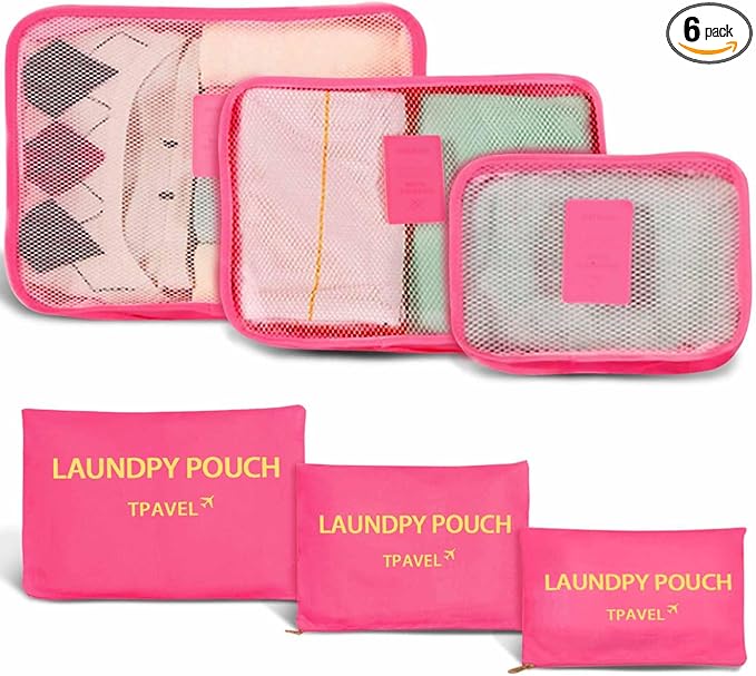 6 Set Packing Cubes for Travel Luggage Packing Bags Reusable Lightweight Suitcase Organizer Cubes Set for Travel Accessories (Rose Red)
