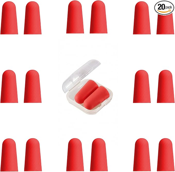 20 Pairs Red Reusable Ear Plugs, 32dB NRR Noise Reduction, Washable Slow-Rebound Foam Earplugs for Sleeping, Snoring, Work, Concerts, Travel