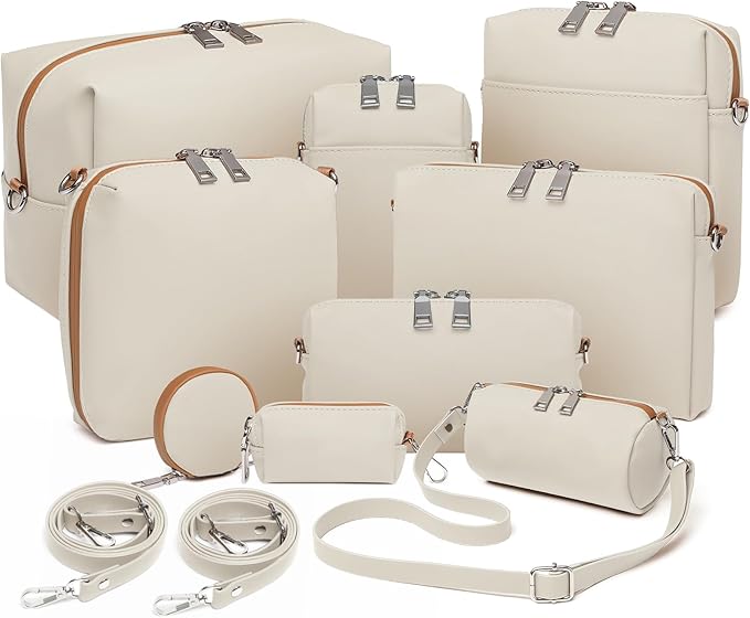Joyway 10-Piece Travel Makeup Bag Set – Large Capacity Cosmetic Bags for Women & Girls, Waterproof Portable Toiletry Organizer with Adjustable Strap (White)