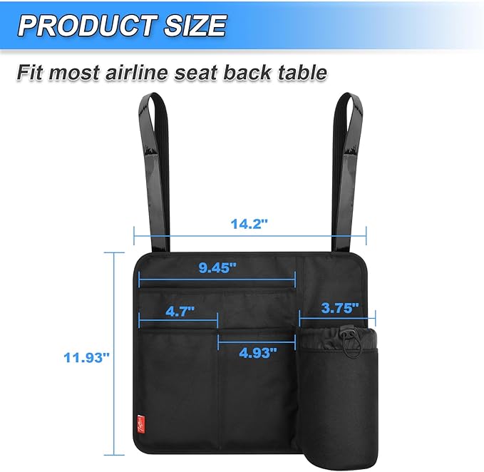 Airplane Seat Back Organizer & Storage, Airplane Tray Table Cover for Personal Items, Airline Seat Hanging Pockets Media Pouch,Reusable Travel Essentials, Fits Tablets, Cell Phone,Water Bottle (Black)