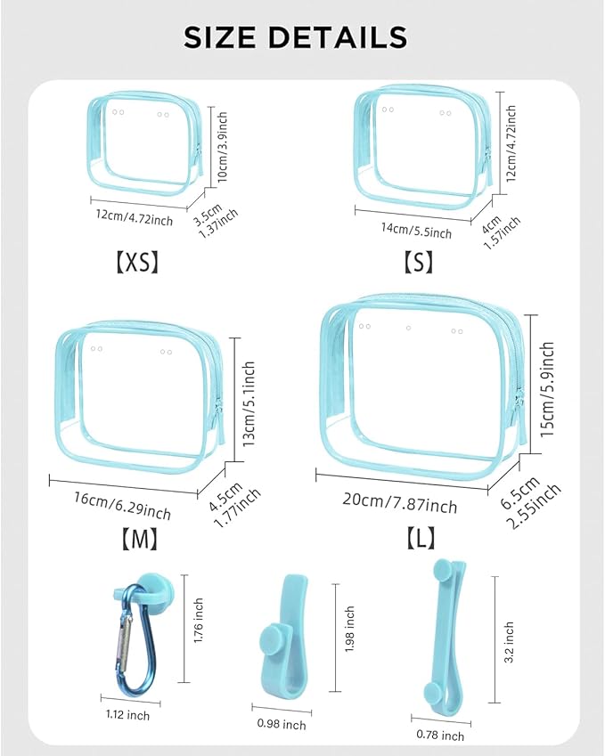 4 Pack Clear Toiletry Bags, Portable Travel Makeup Pouch with Zipper, TSA Approved Organizer, Clear Pouch Bags Compatible With Bogg Bag Divider Accessories(Blue, Pack of 8)