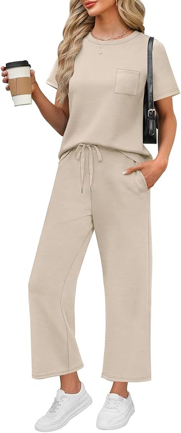 WIHOLL 2 Piece Sets for Women Casual Summer Travel Vacation Outfits Short Sleeve Wide Leg Crop Pants Lounge Sets