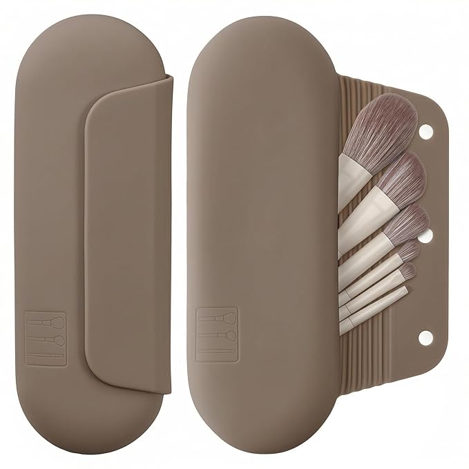 AGIKET Silicone Makeup Brush Holder Travel Cosmetic Bag：Soft Portable Cosmetic Face Brushes Holder with Upgrade Anti-Fall Out Magnetic Closure, Large Travel Makeup Brush Case - Coffea