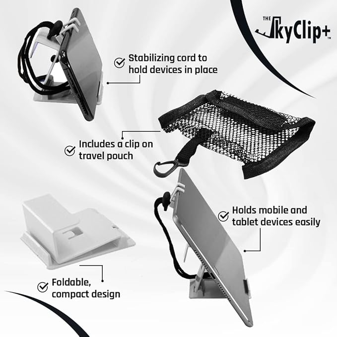 The SkyClip+ Phone & Tablet Holder for Air Travel, Home and Office Use - Inflight Phone Mount & Stand Compatible with iPhone, Android, Kindle and Tablets - Ultimate Travel Accessory (White)