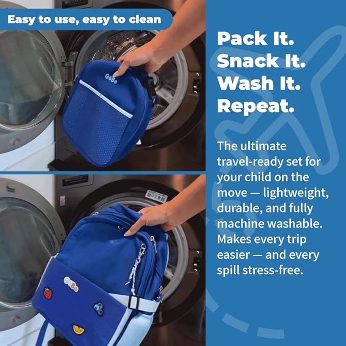 GoBe Kids Travel Backpack with Lunchbag Combo – Washable, Lightweight Luggage Backpack with Customizable Patches, Preschool, Kindergarten - Durable For Travel, School, Airplane, Ages 3-8, Blue