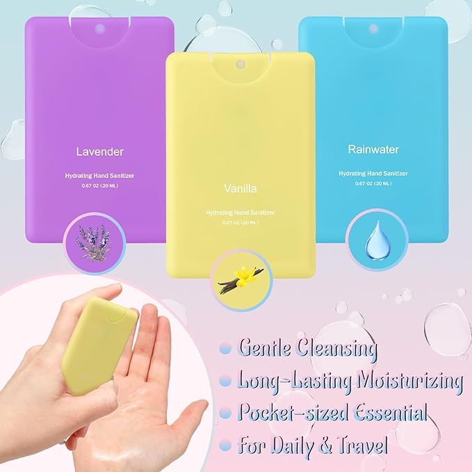 Set of 3 Power Mist Hydrating Hand Sanitizer Spray Bulk Travel Size Effective Hand Sanitizer 0.67 Fl. oz Compact Card Spray Bottle Lavender Vanilla Rainwater Scent for Friend Family Teacher