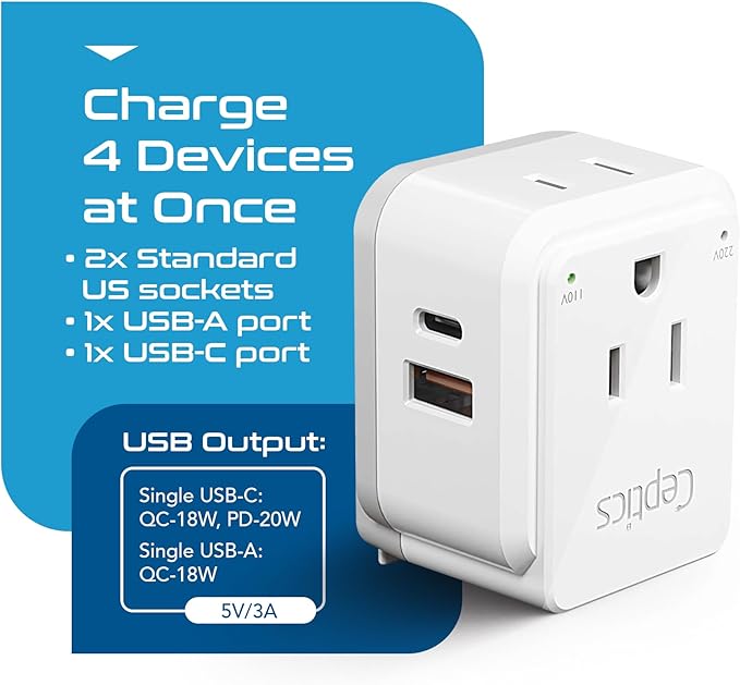 Ceptics Thailand Travel Adapter Set, 20W PD & QC, Type O - 3.1A - 4 in 1-2 USA Inputs, 1 USB Port, 1 USB-C Port - Compact, Powerful - Includes Type O Swadapt Attachments