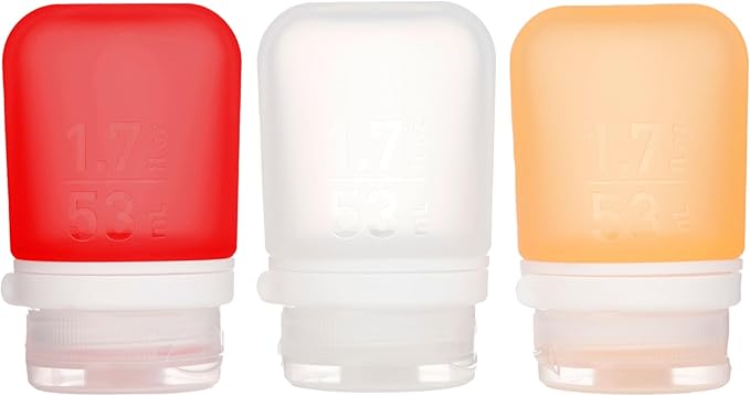 humangear GoToob+ Bottles - Silicone Leak-Proof Travel Tubes for Toiletries, Camping & TSA Carry-On (3-Pack), Small (1.7 fl oz; 53ml), Clear/Red/Orange